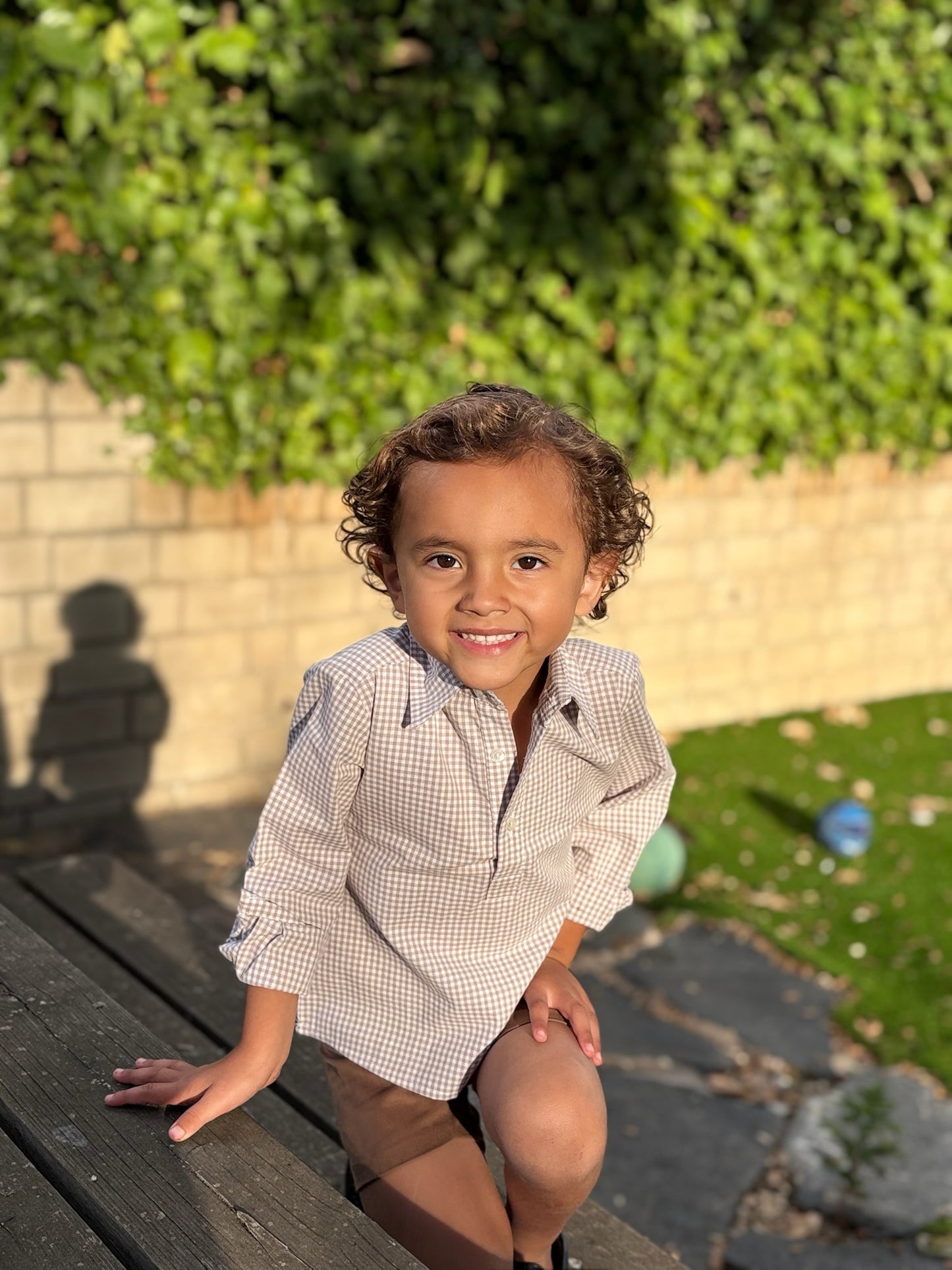 Polera cuadros vichy beige